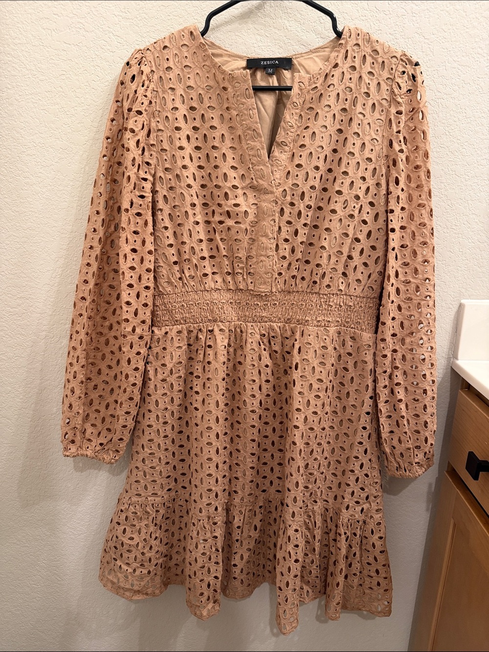 Zesica Long Sleeve Eyelet Dress in Blush Tan